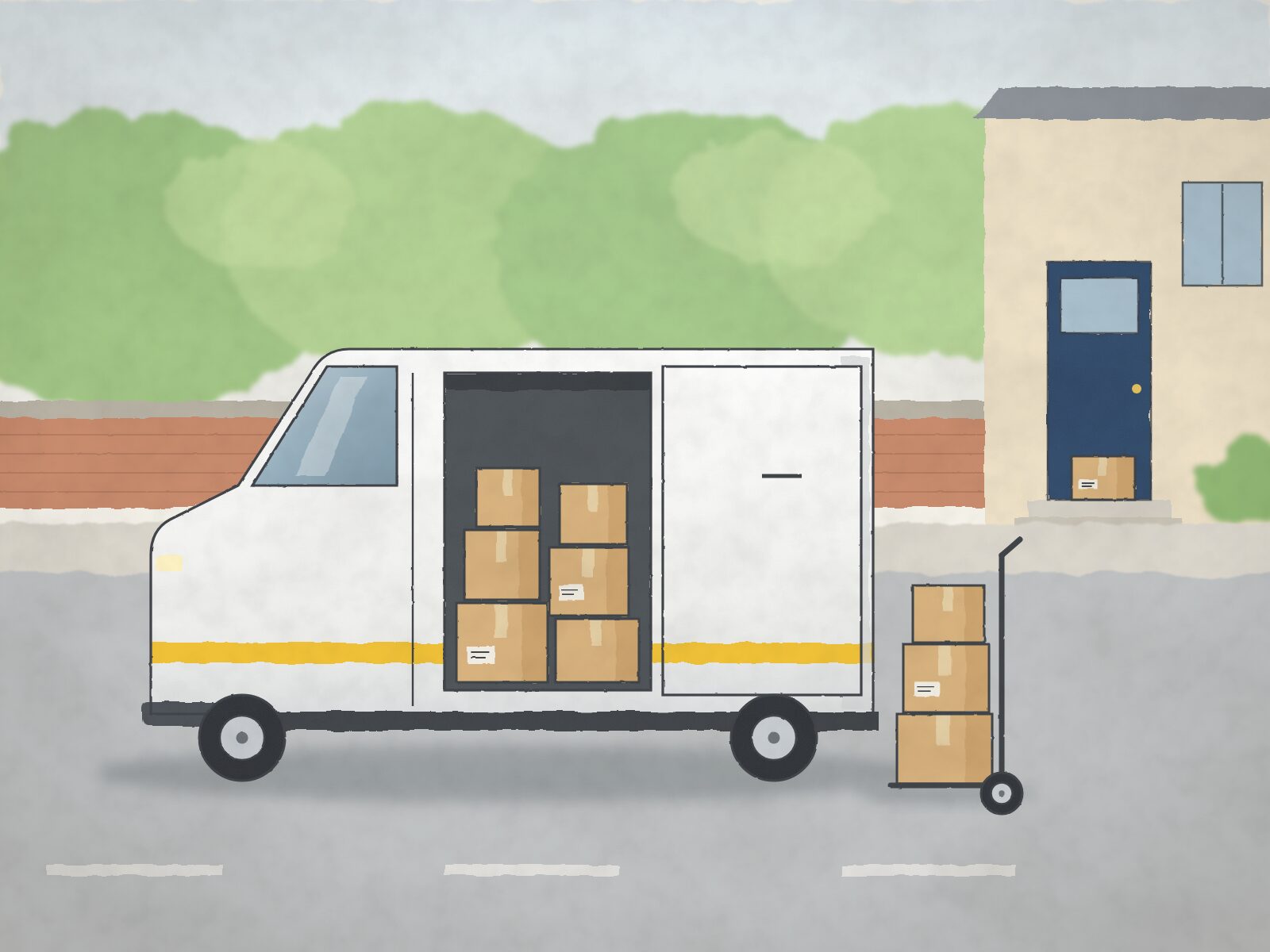 Illustration of a van being loaded with boxes outside a house