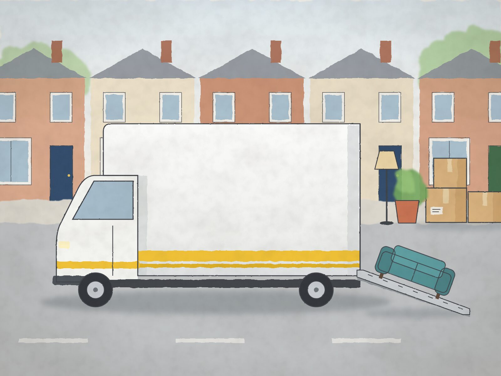 Illustration of a removals lorry loading a sofa outside a row of houses